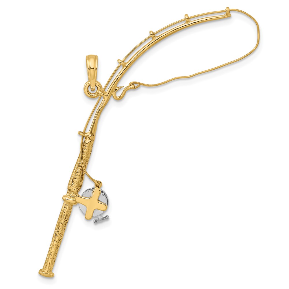 10K w/Rhodium 3-D Moveable Fishing Pole W/ Reel Pendant (10K9051)