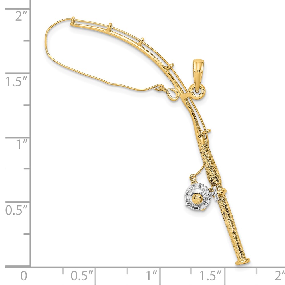 10K w/Rhodium 3-D Moveable Fishing Pole W/ Reel Pendant (10K9051)