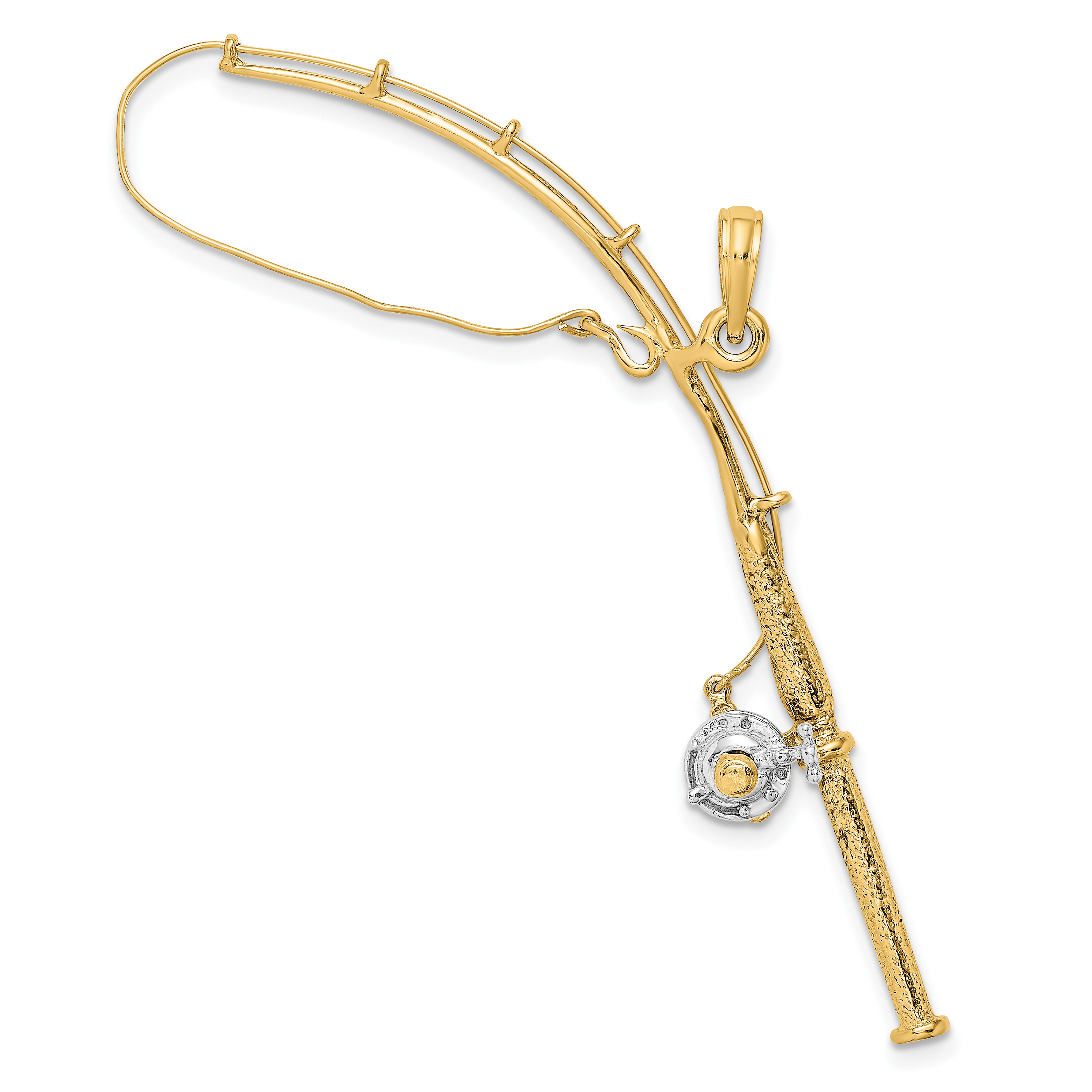 10K w/Rhodium 3-D Moveable Fishing Pole W/ Reel Pendant (10K9051)