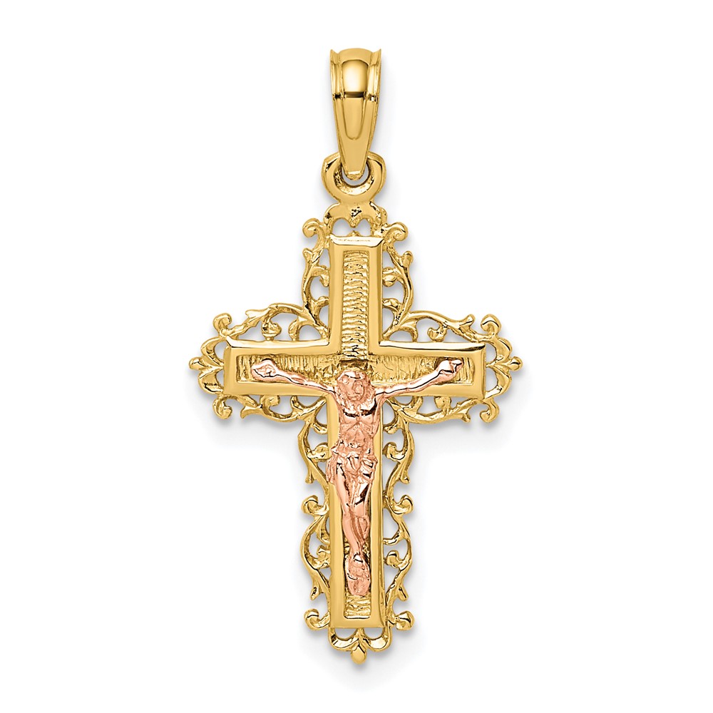 10K Two-Tone Crucifix W/ Lace Trim Charm (10K9061)