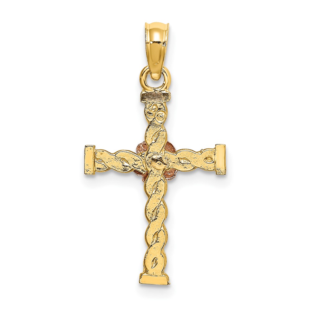 10K Two-Tone Twisted Cross w/ Flower Charm (10K9082)