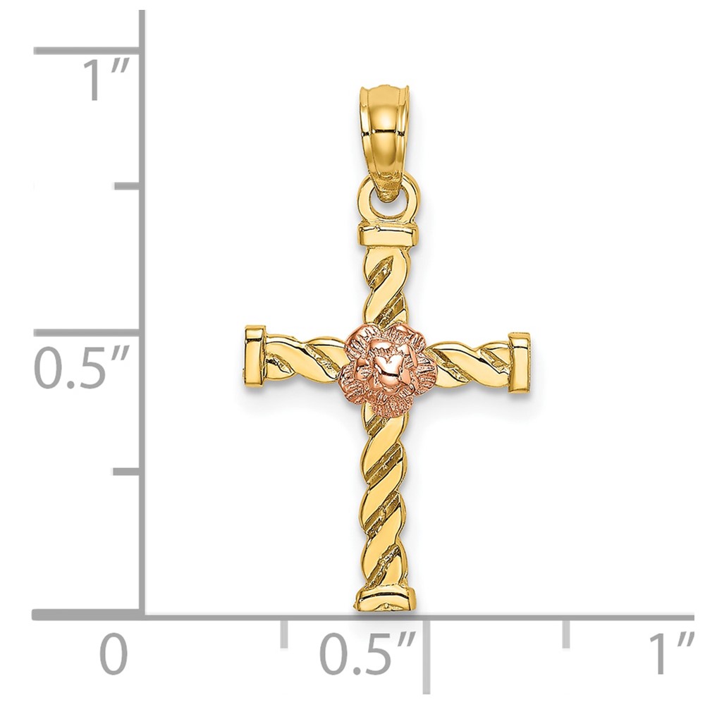 10K Two-Tone Twisted Cross w/ Flower Charm (10K9082)