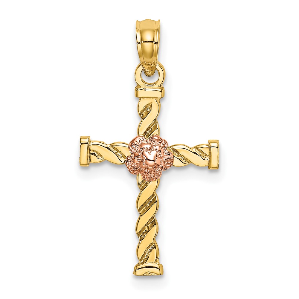 10K Two-Tone Twisted Cross w/ Flower Charm (10K9082)