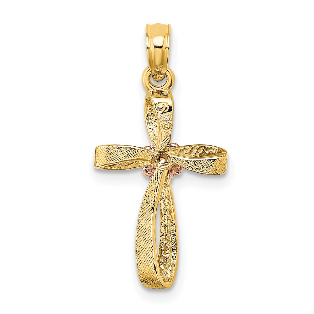 10K Two-Tone Twisted Cross w/ Heart Charm (10K9091)