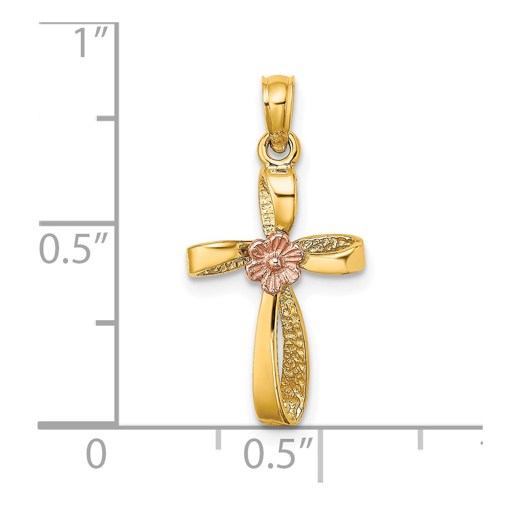 10K Two-Tone Twisted Cross w/ Heart Charm (10K9091)