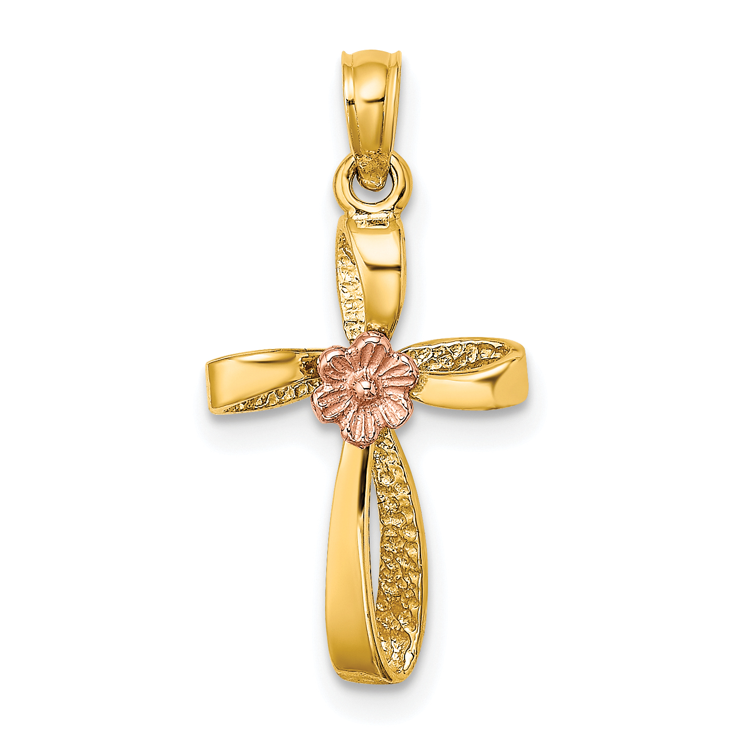 10K Two-Tone Twisted Cross w/ Heart Charm (10K9091)