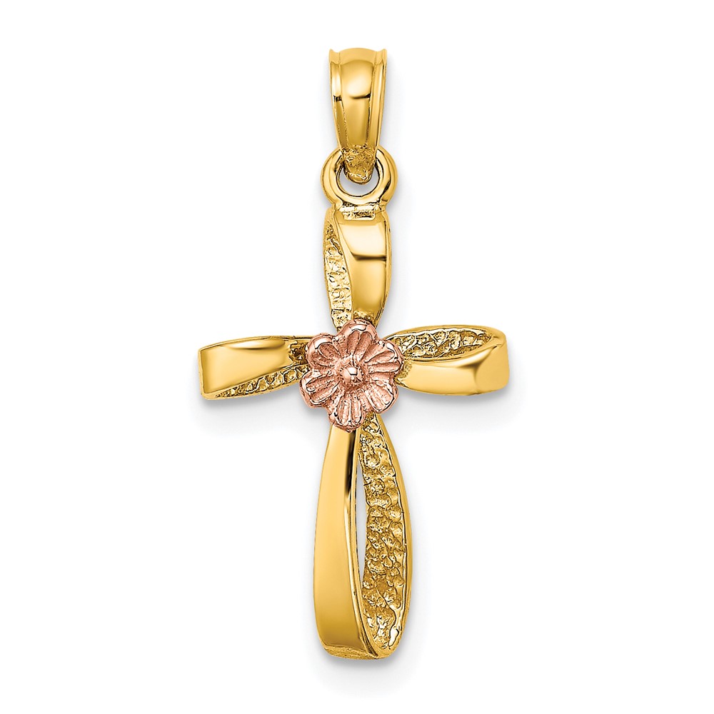 10K Two-Tone Twisted Cross w/ Heart Charm (10K9091)