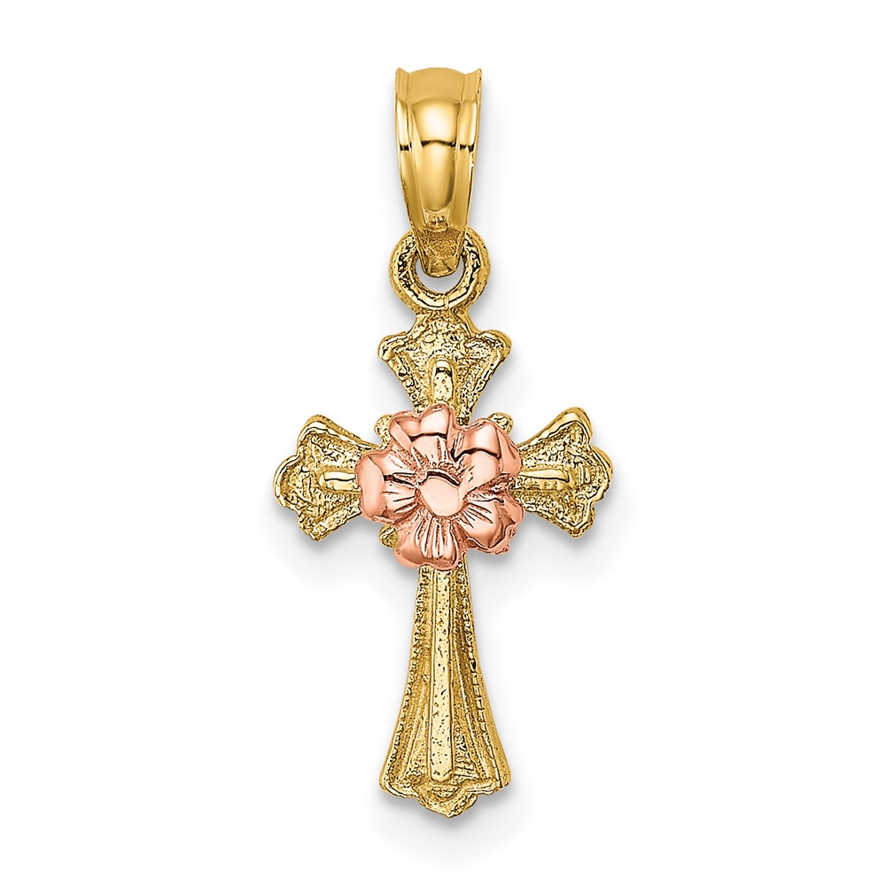 10k Two-Tone Cross w/ Small Flower Charm (10K9097)