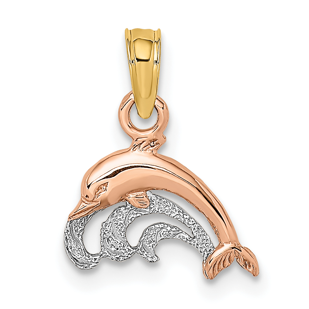 10K Two-Tone W/White Rhodium Dolphin and Wave Charm (10K9110)