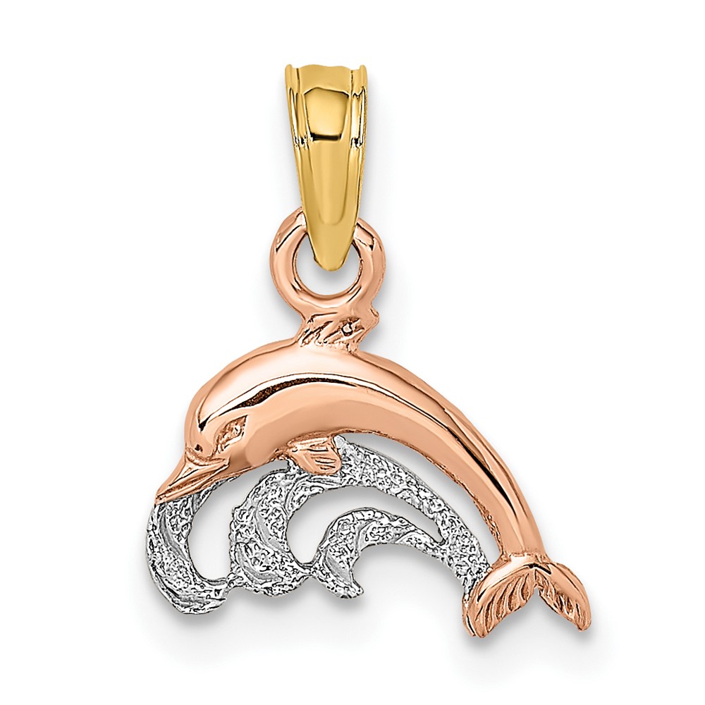 10K Two-Tone W/White Rhodium Dolphin and Wave Charm (10K9110)