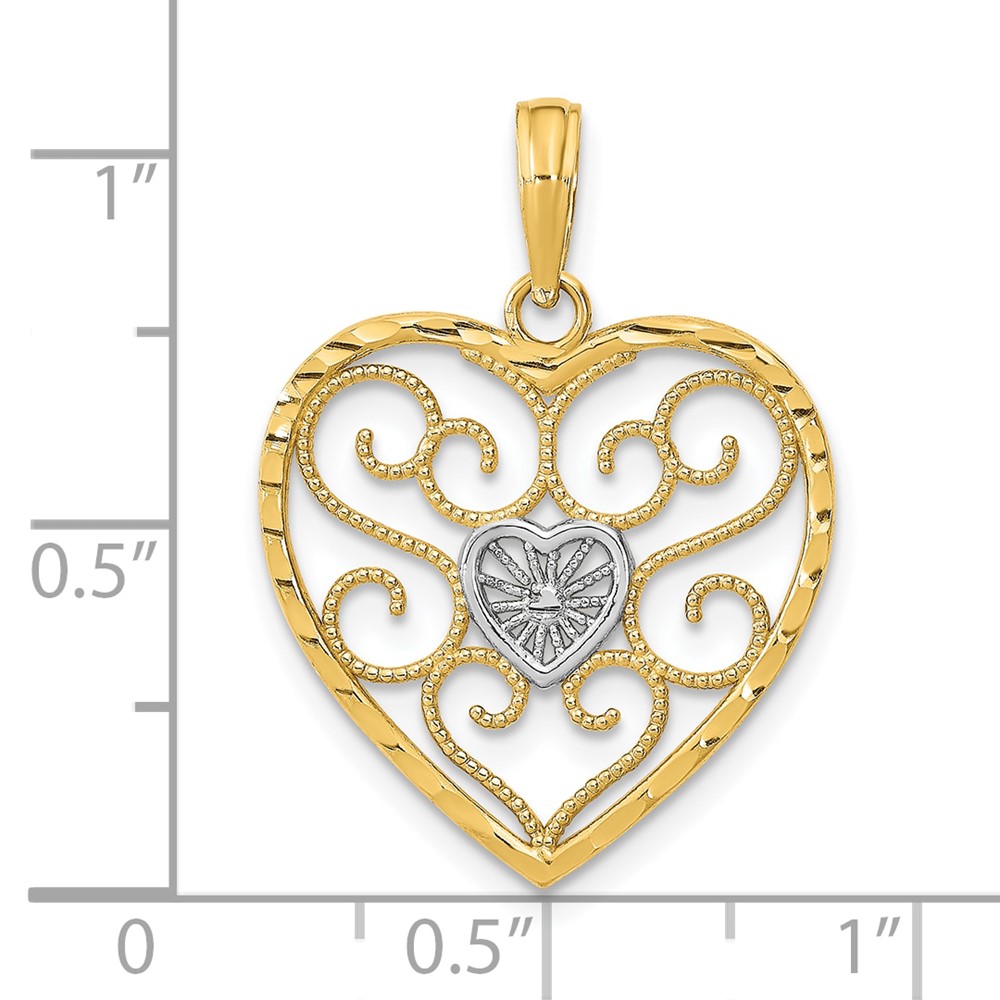 10k w/Rhodium Filigree Beaded Heart Charm (10K9169)