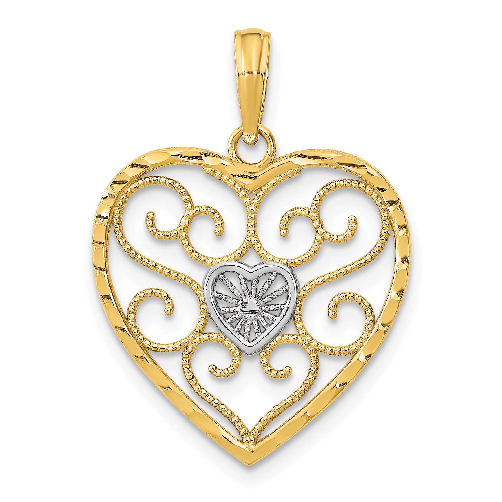 10k w/Rhodium Filigree Beaded Heart Charm (10K9169)
