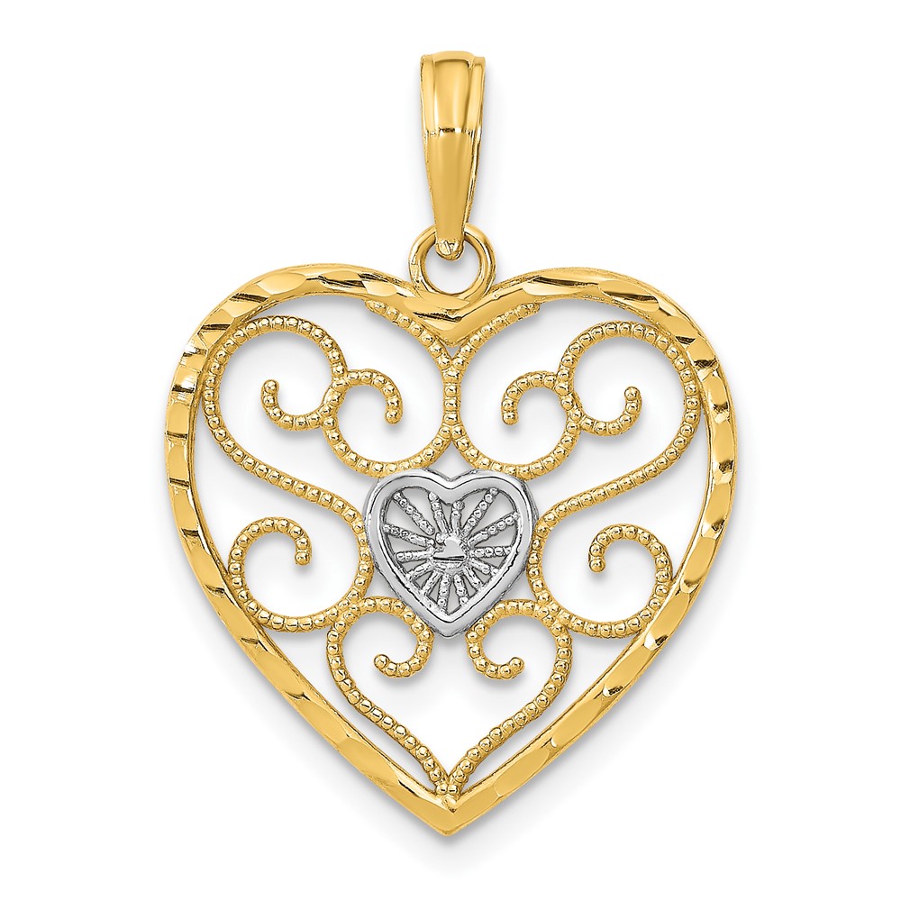 10k w/Rhodium Filigree Beaded Heart Charm (10K9169)