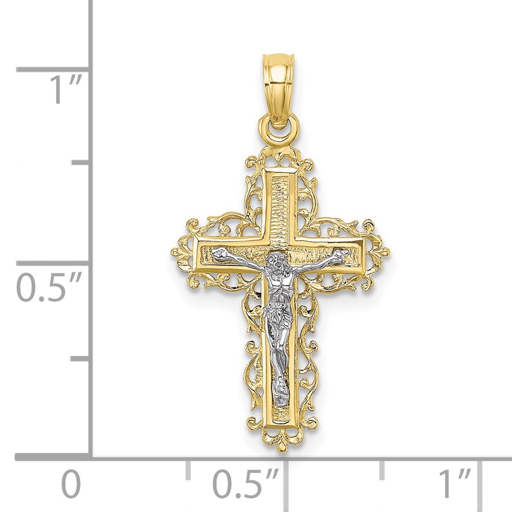 10K Two-tone Textured w/ Lace Trim Crucifix Charm (10K9174)