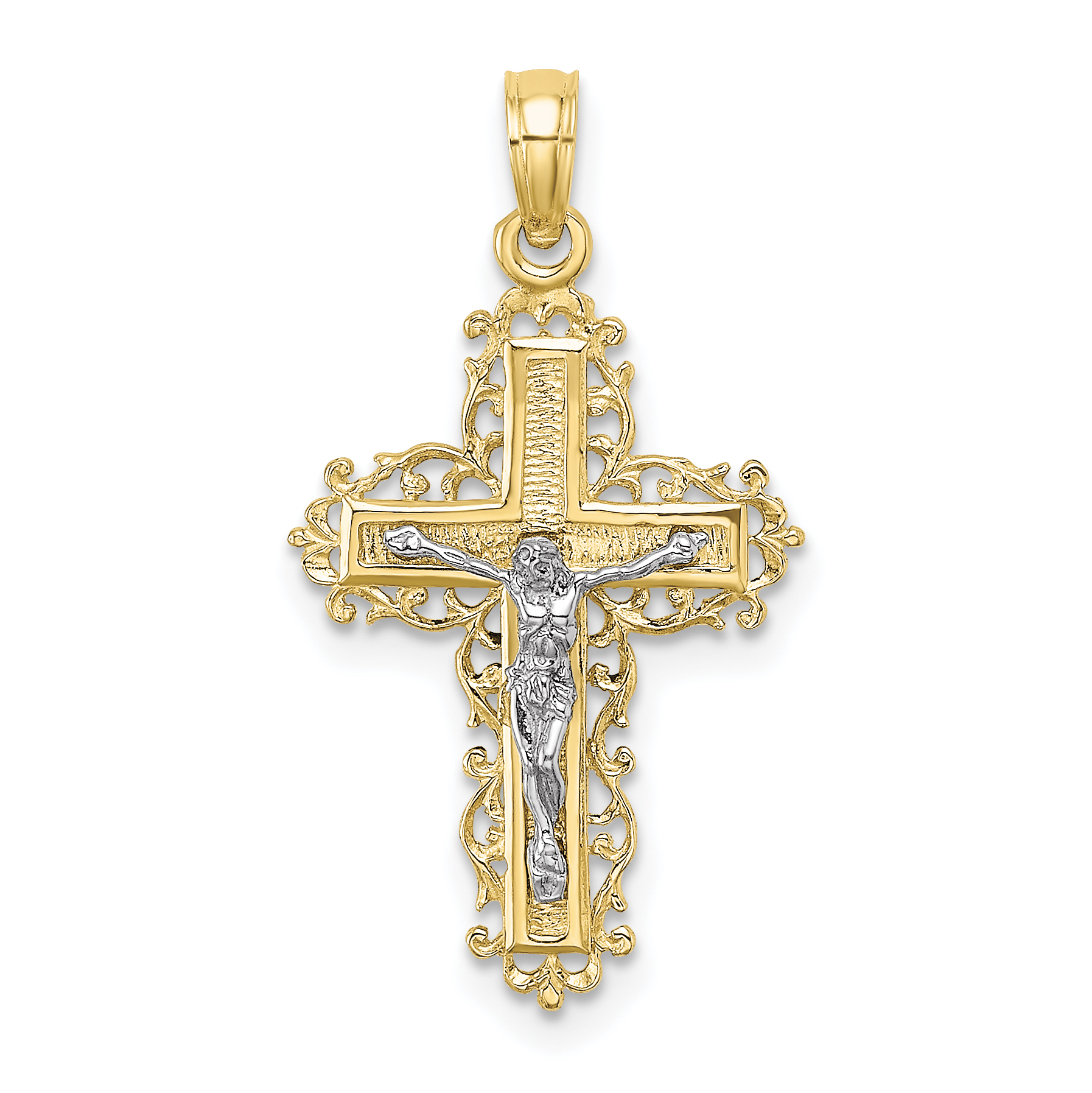 10K Two-tone Textured w/ Lace Trim Crucifix Charm (10K9174)