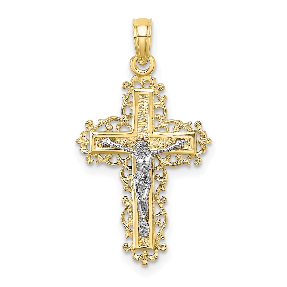 10K Two-tone Textured w/ Lace Trim Crucifix Charm (10K9174)