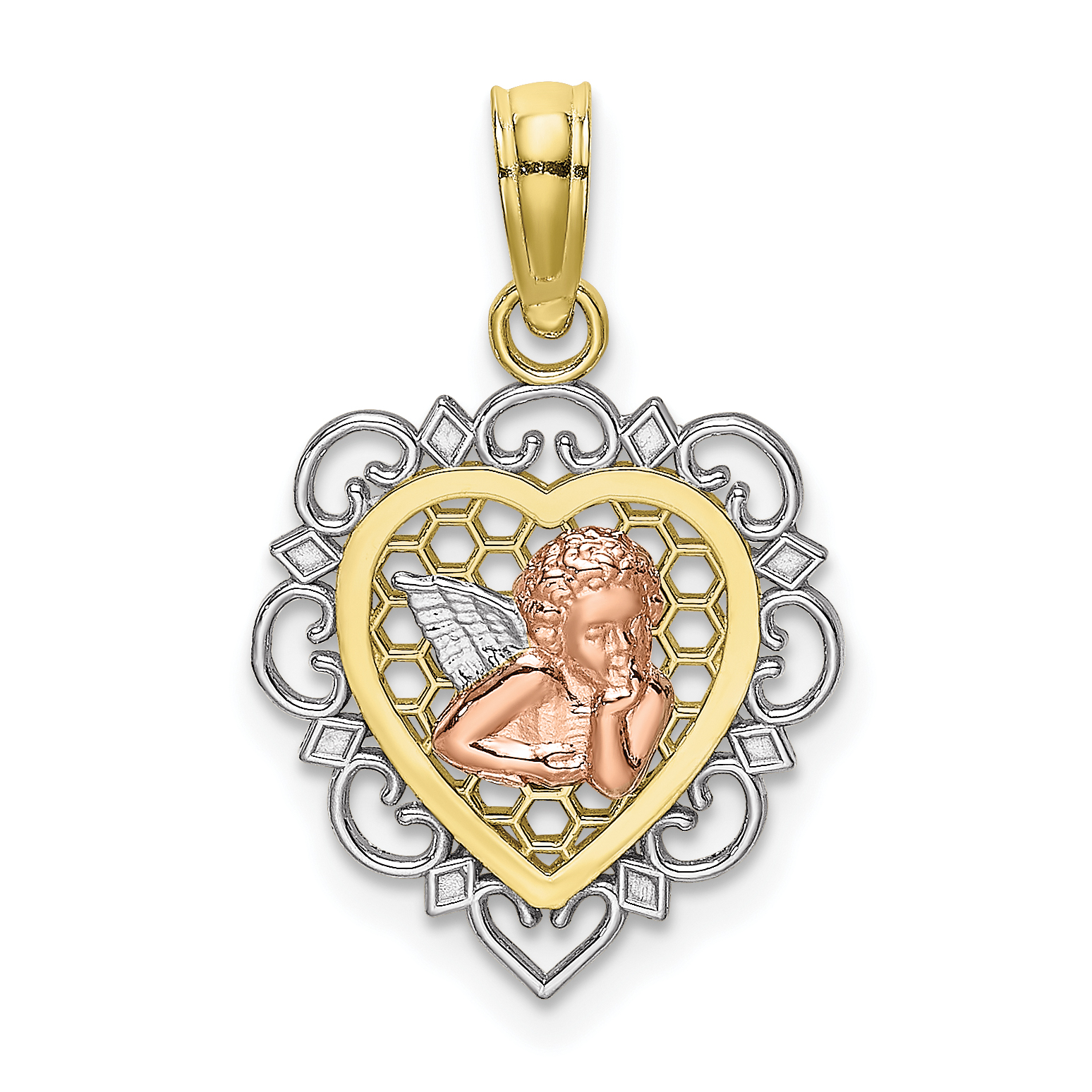 10K Two-tone w/Rhodium Small Angel In Heart Charm (10K9178)