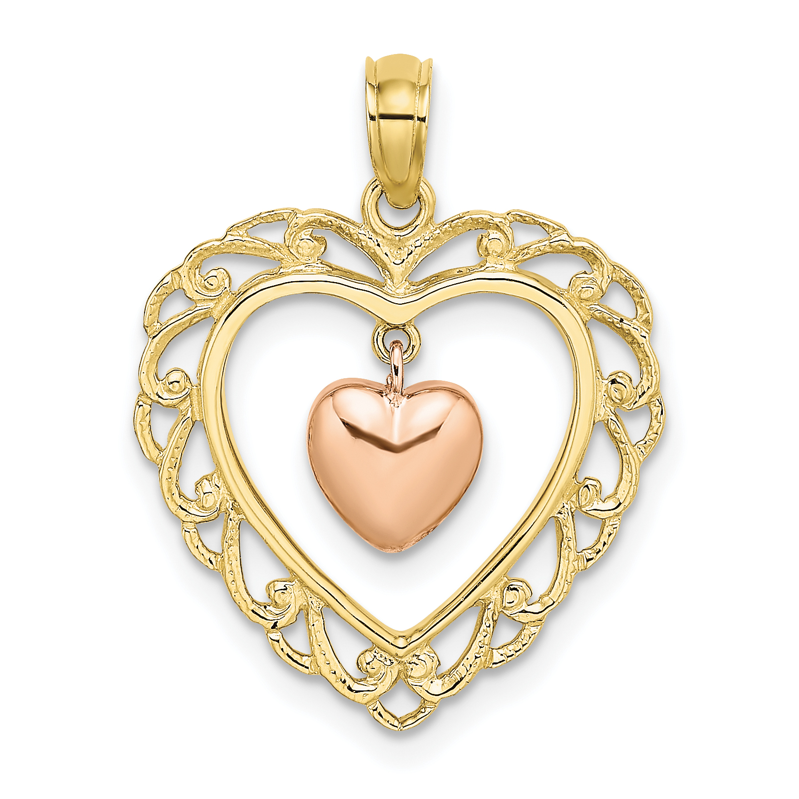 10k Yellow and Rose Gold Polished Dangling Heart In Heart Charm (10K9191)