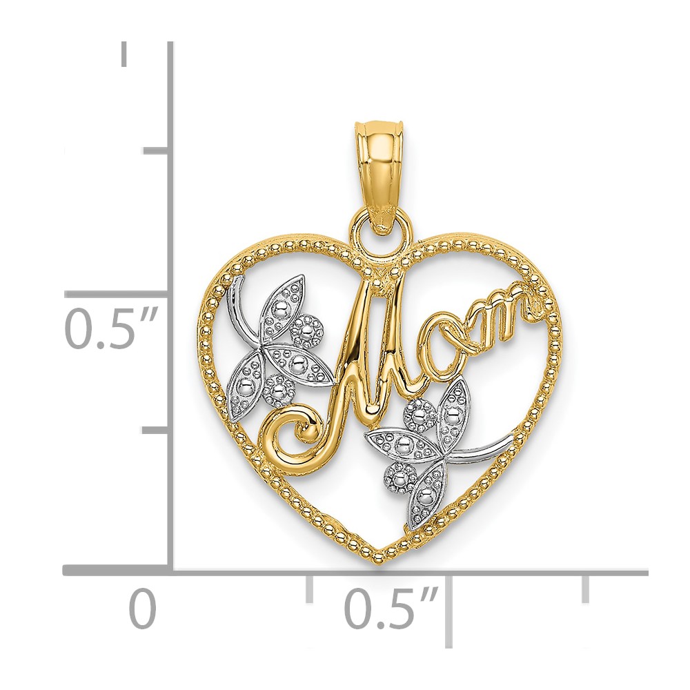 10K W/ Rhodium Beaded Heart W/ MOM Charm (10K9202)