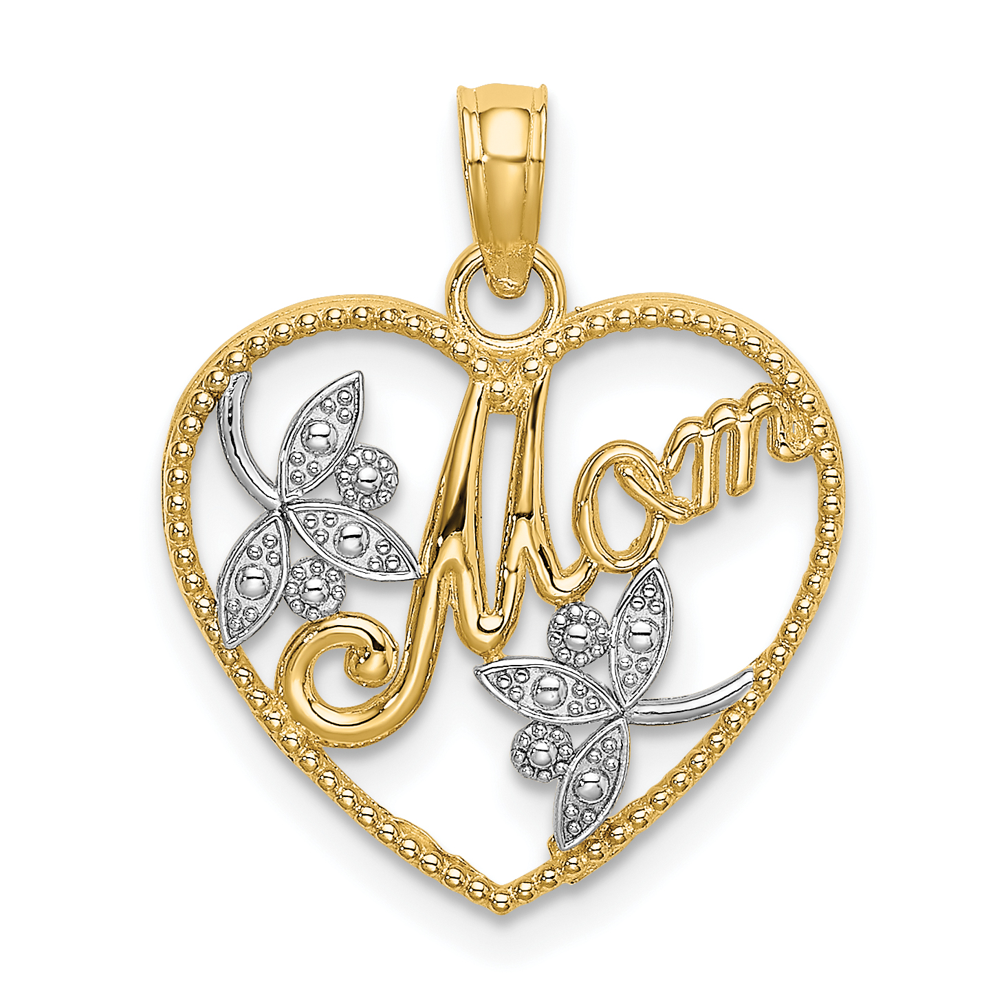 10K W/ Rhodium Beaded Heart W/ MOM Charm (10K9202)