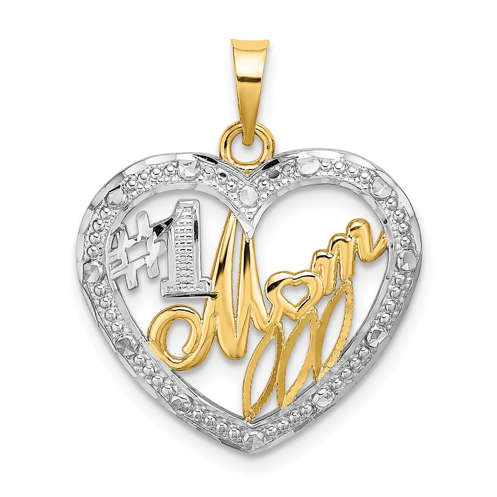 10k w/Rhodium Bead Trim #1 MOM In Heart Charm (10K9234)