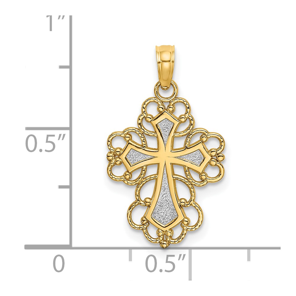 10K W/ Rhodium Beaded Lace Trim Cross Charm (10K9240)