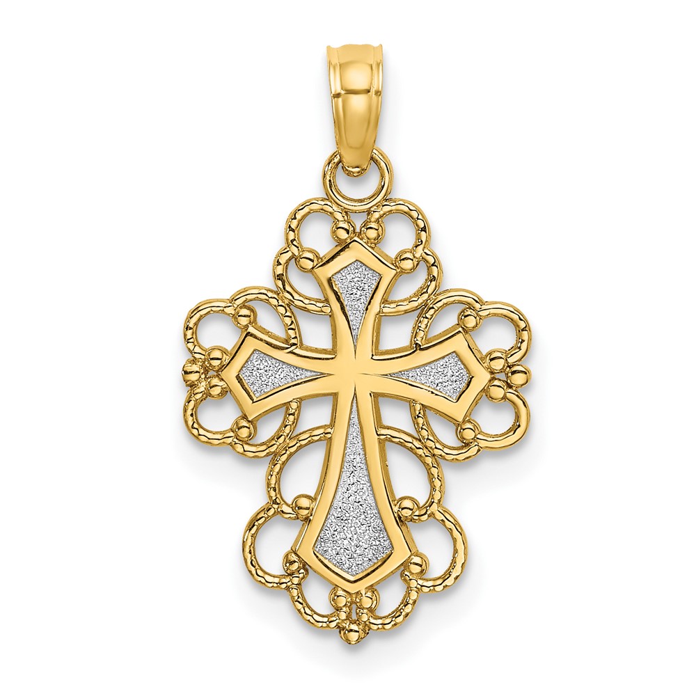 10K W/ Rhodium Beaded Lace Trim Cross Charm (10K9240)