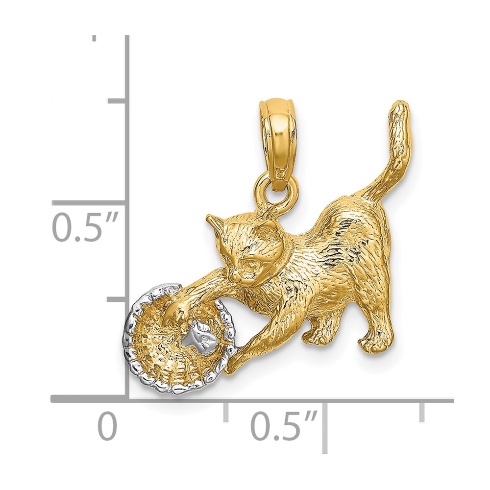 10K w/Rhodium Cat Playing W/Yarn In Basket Charm (10K9324)