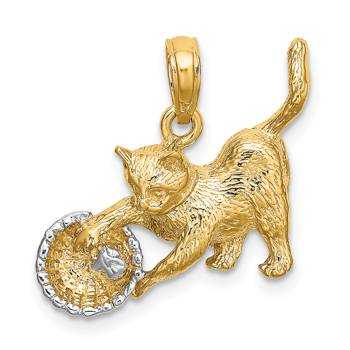 10K w/Rhodium Cat Playing W/Yarn In Basket Charm (10K9324)
