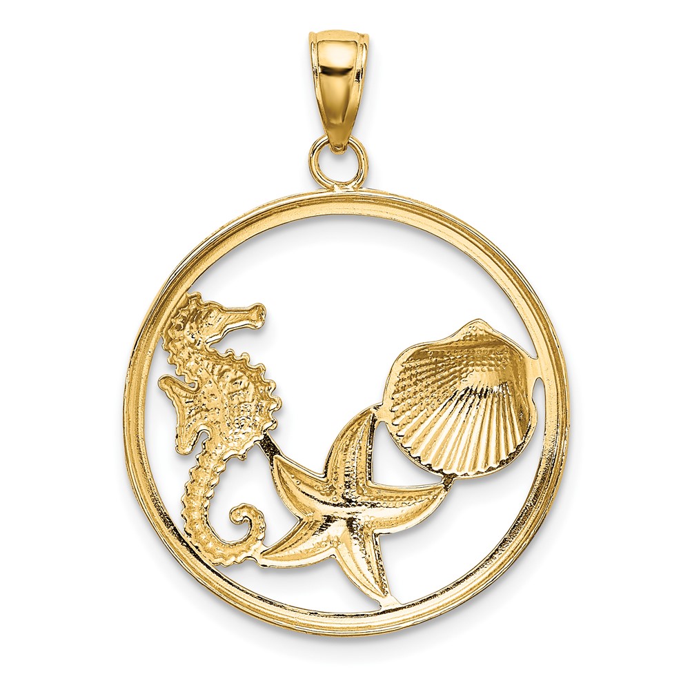 10k w/Rhodium Scallop, Starfish ,Seahorse Circle Charm (10K9404)