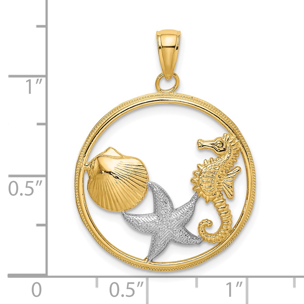 10k w/Rhodium Scallop, Starfish ,Seahorse Circle Charm (10K9404)