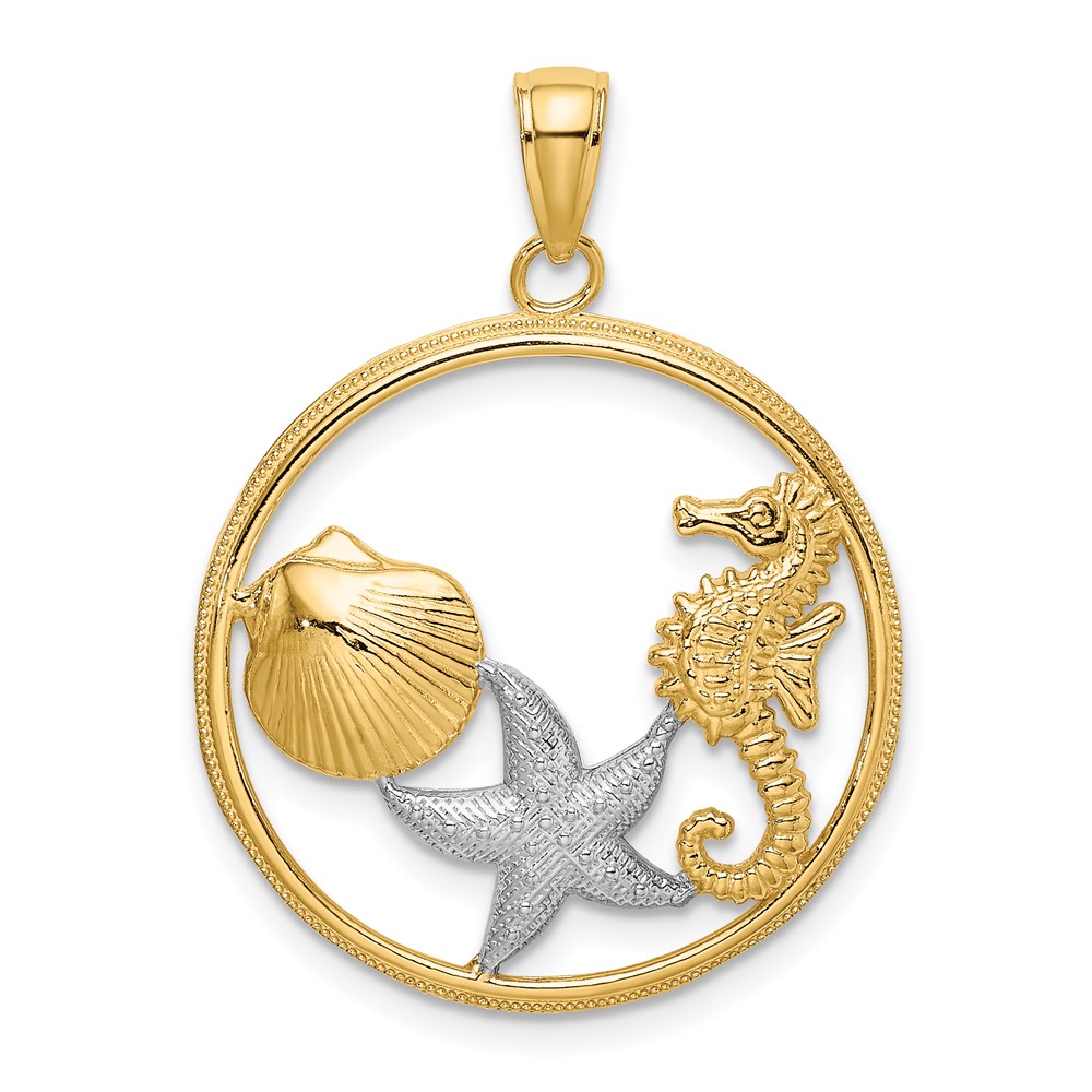 10k w/Rhodium Scallop, Starfish ,Seahorse Circle Charm (10K9404)