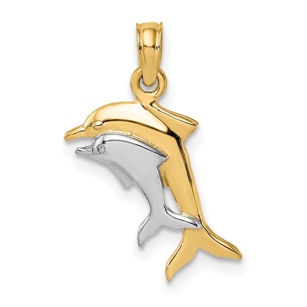 10K w/ Rhodium 2-D Polished Dolphins Charm (10K9408)