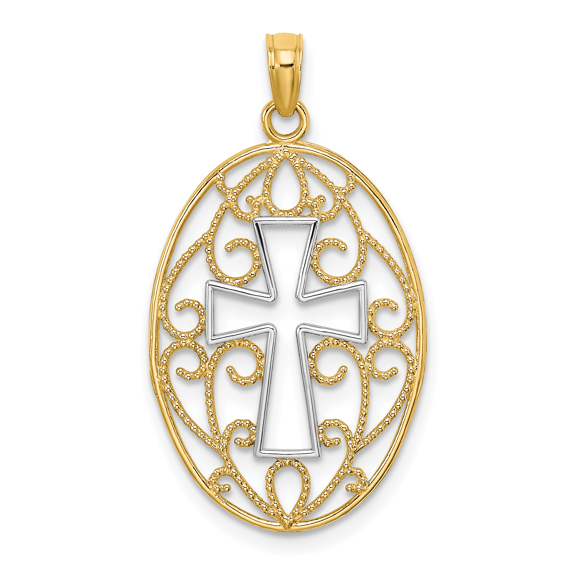 10K w/Rhodium Beaded Filigree Cross Charm (10K9412)