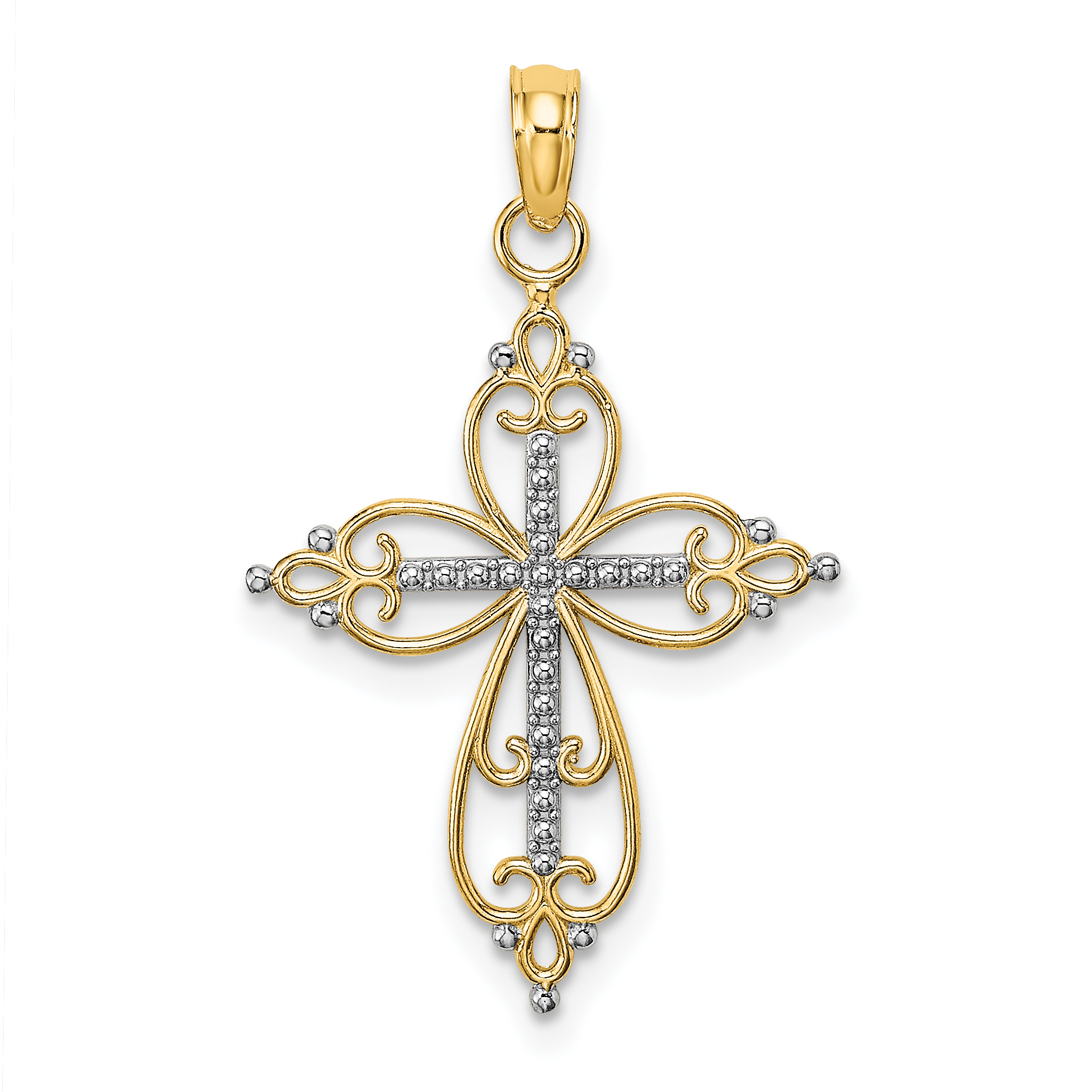 10K W/ Rhodium Beaded Cross Charm (10K9443)