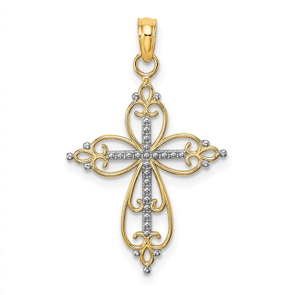 10K W/ Rhodium Beaded Cross Charm (10K9443)