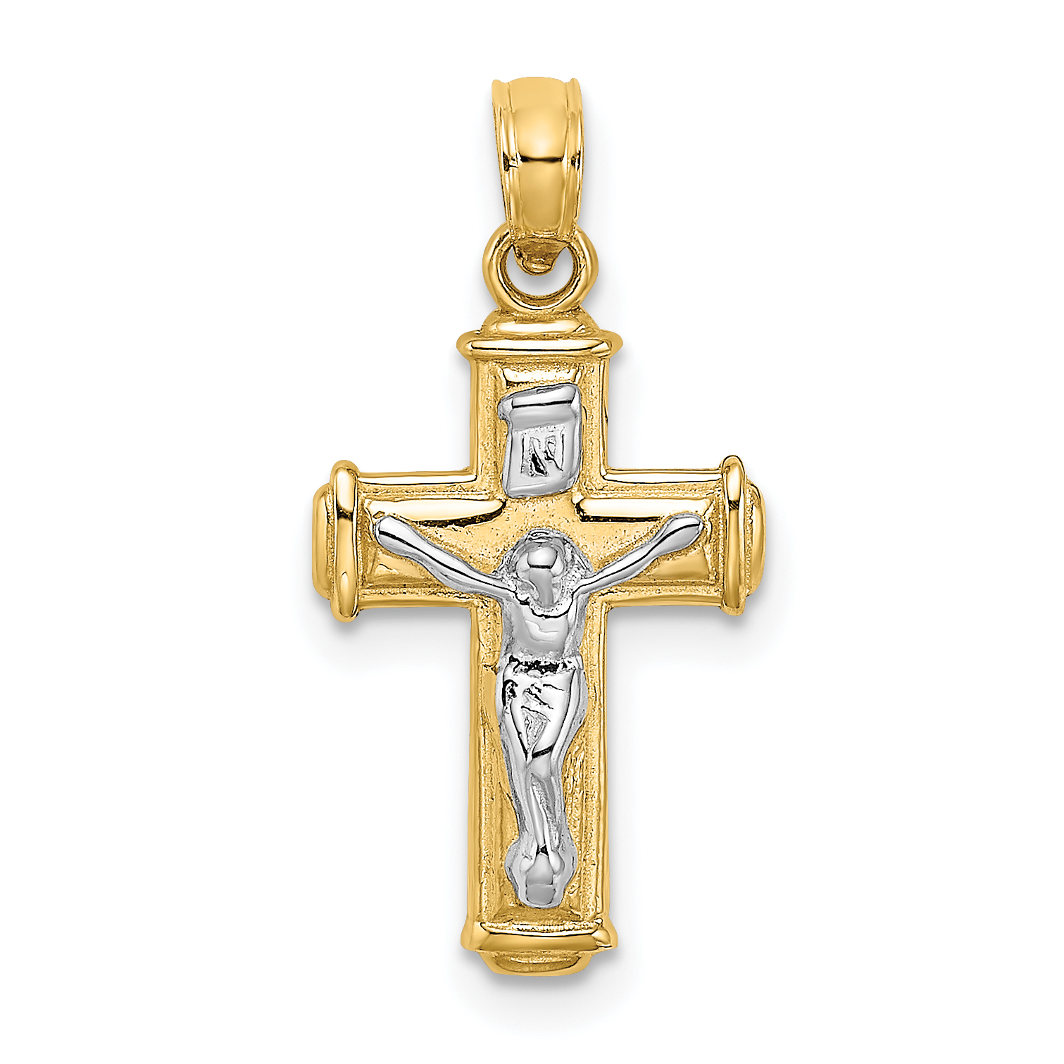 10K W/ Rhodium Polished Block Crucifix INRI Charm (10K9460)