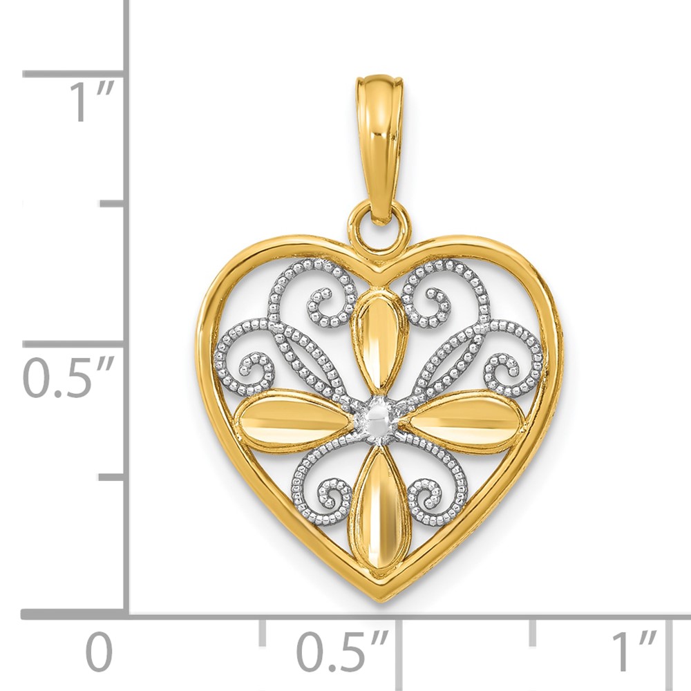 10K W/ Rhodium Beaded Filigree Fashion Heart Charm (10K9486)