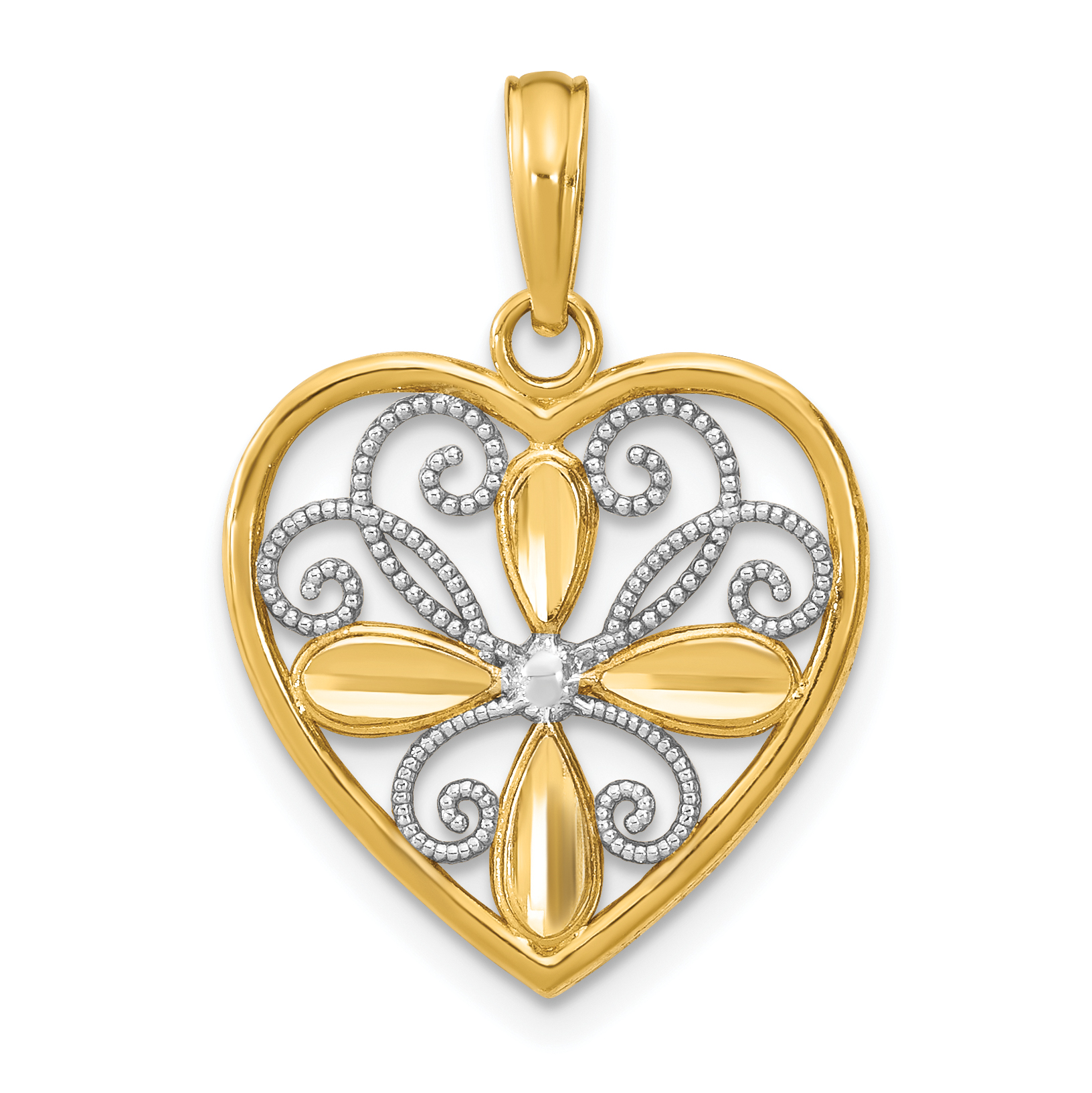 10K W/ Rhodium Beaded Filigree Fashion Heart Charm (10K9486)