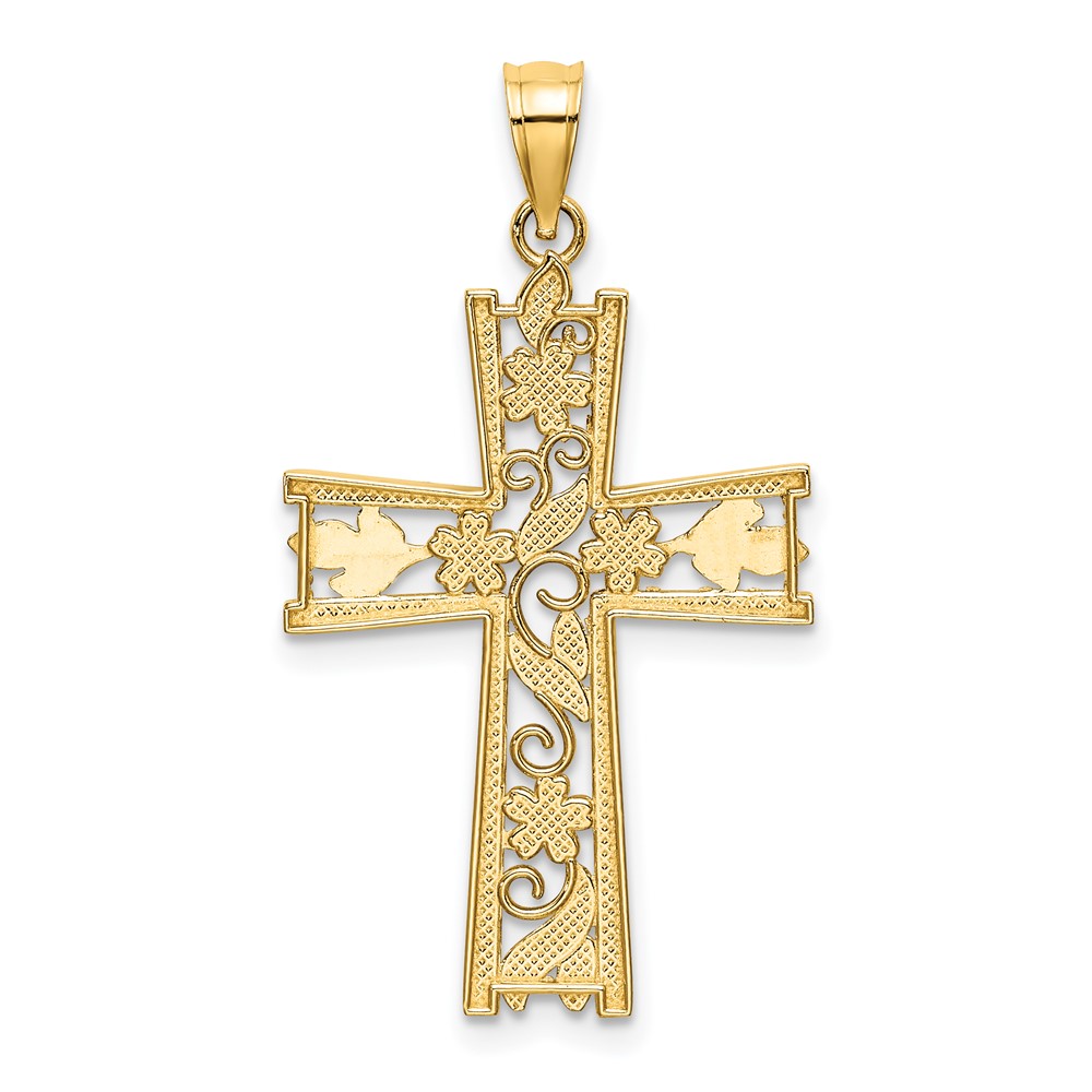 10K W/ Rhodium and D/C Flower Design Cross Charm (10K9496)