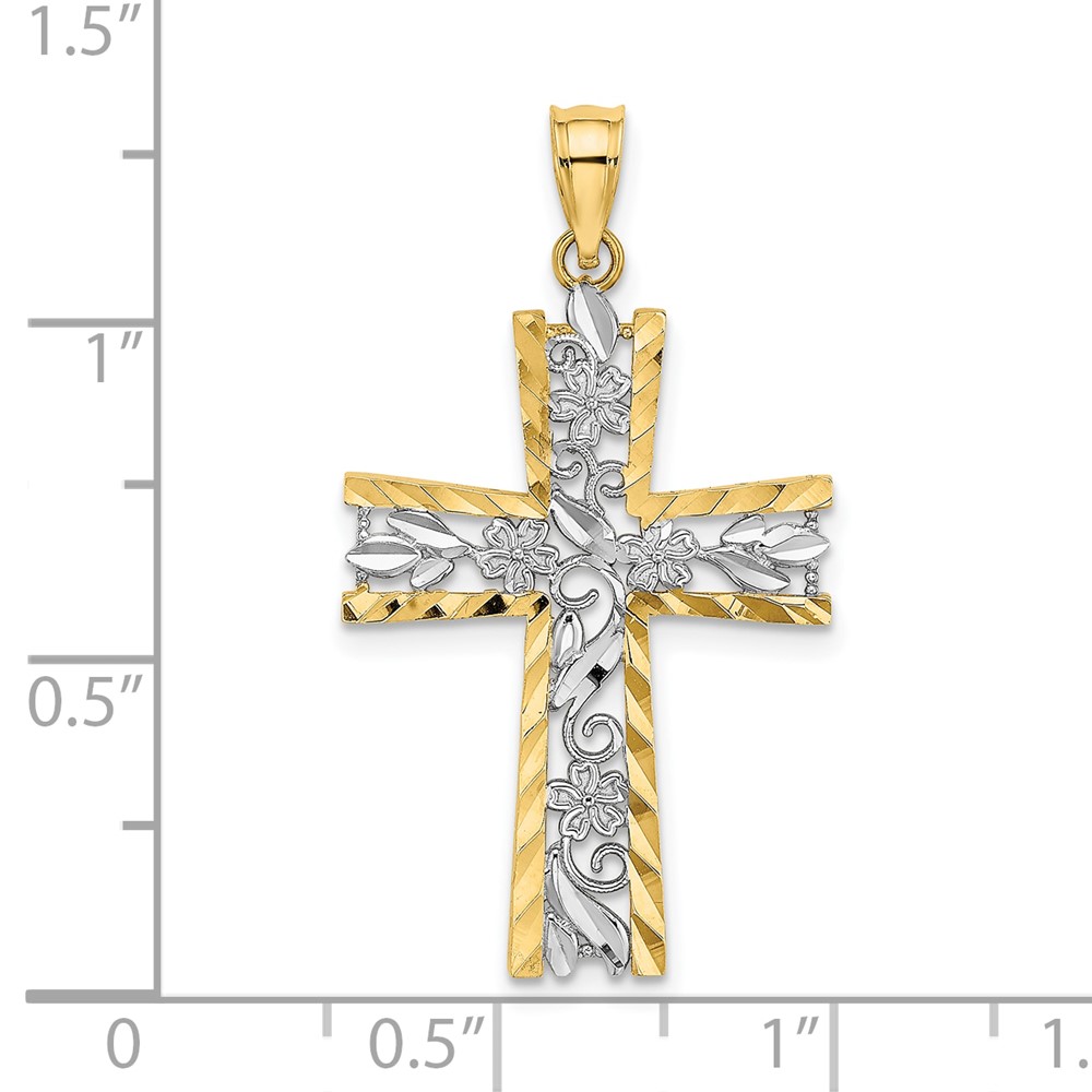 10K W/ Rhodium and D/C Flower Design Cross Charm (10K9496)