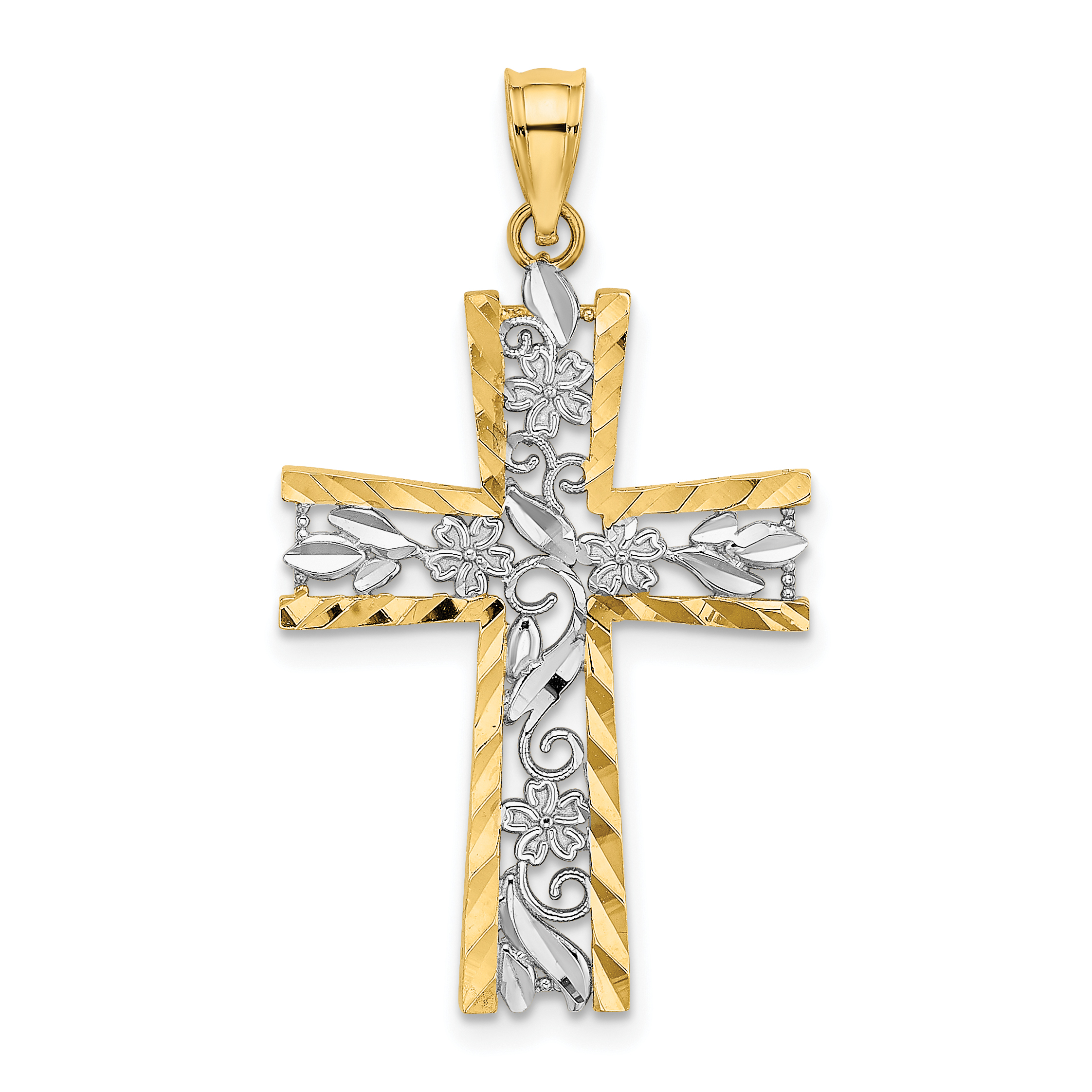10K W/ Rhodium and D/C Flower Design Cross Charm (10K9496)