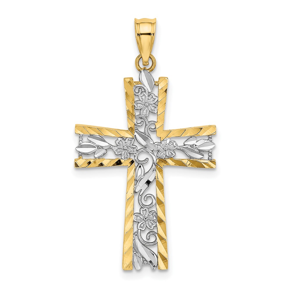 10K W/ Rhodium and D/C Flower Design Cross Charm (10K9496)