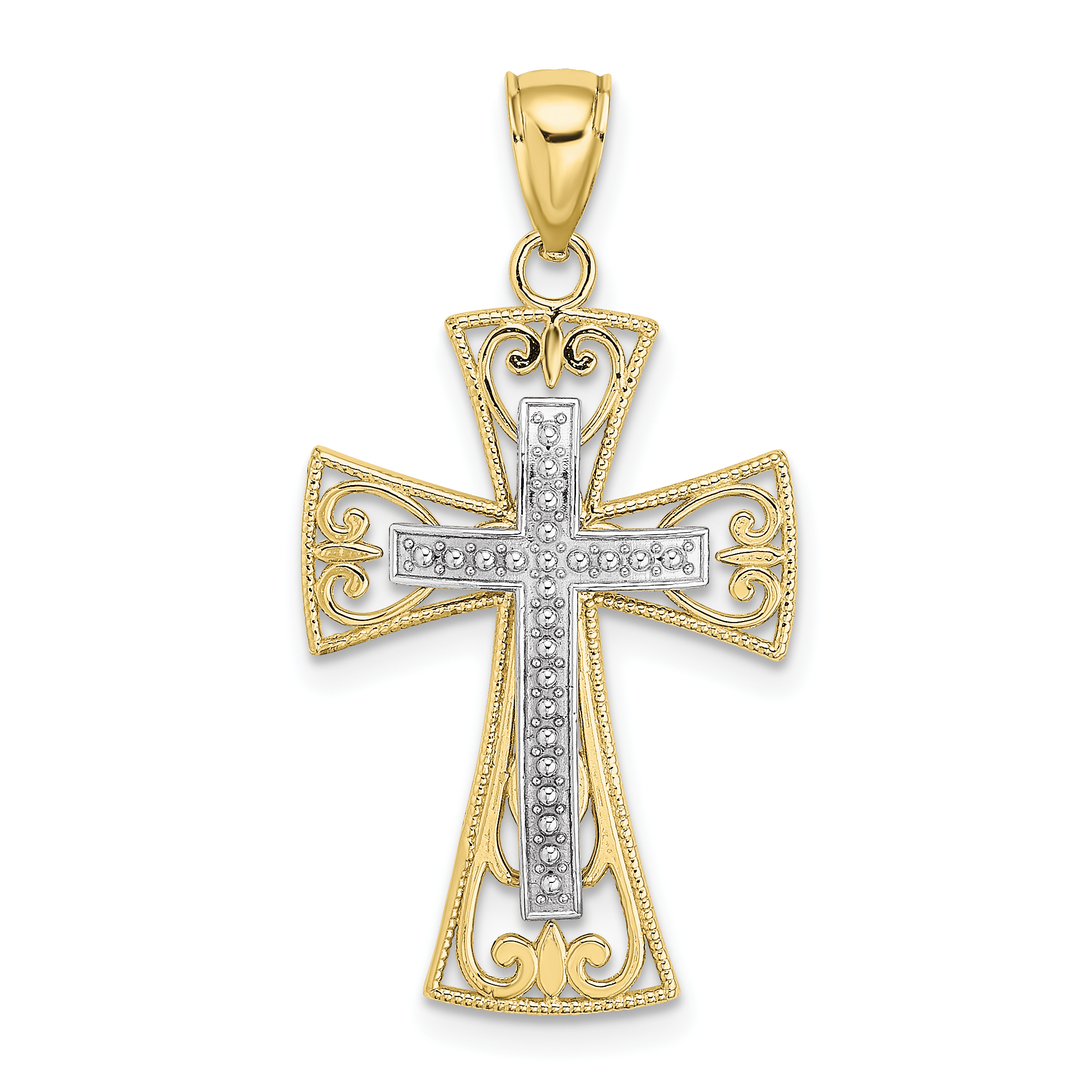 10K Two-tone 2-D and D/C Beaded Filigree Cross Charm (10K9502)