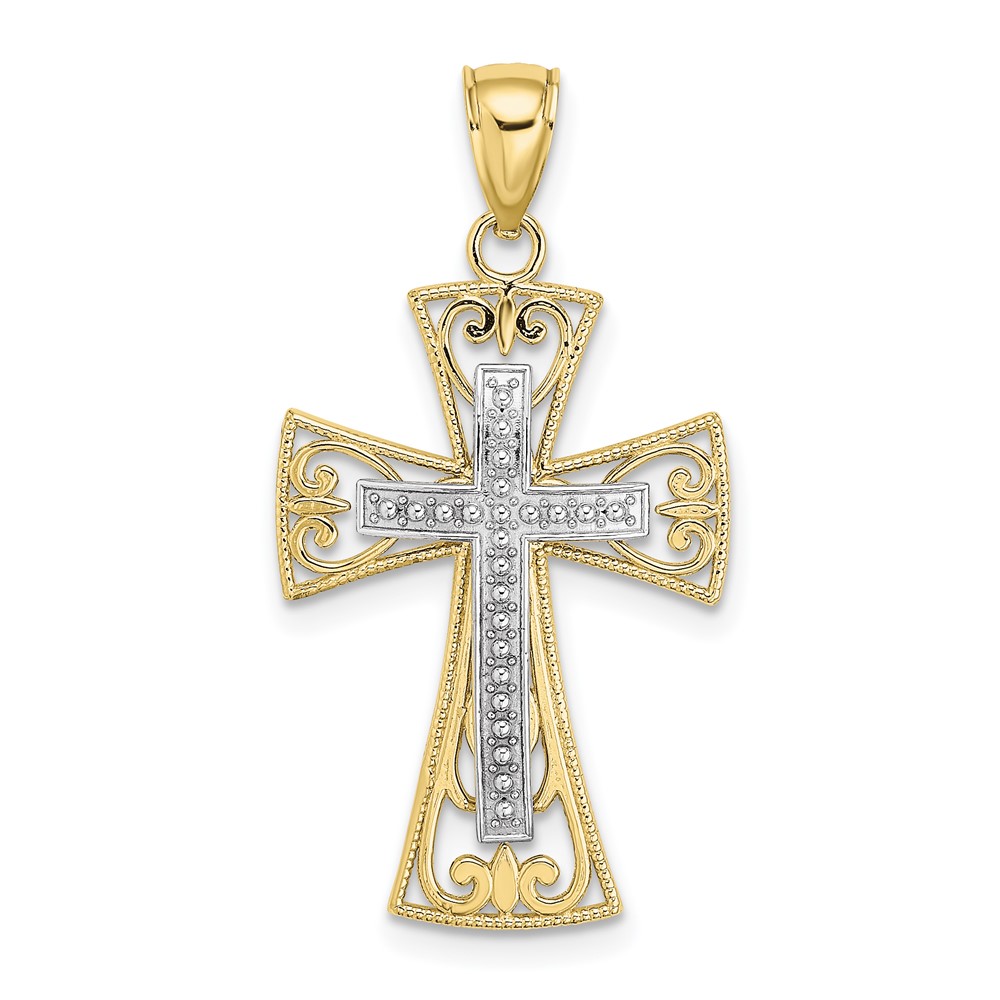 10K Two-tone 2-D and D/C Beaded Filigree Cross Charm (10K9502)
