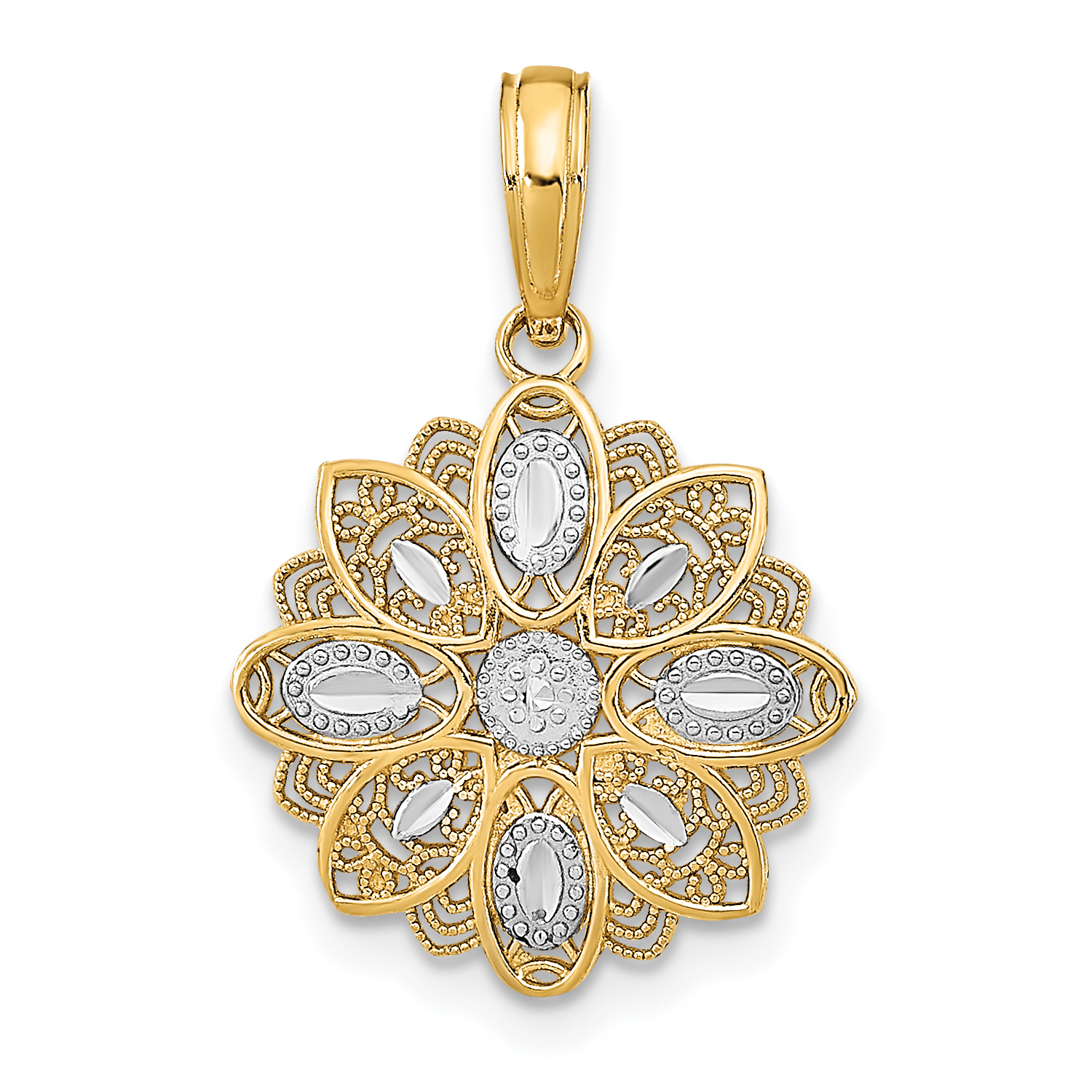 10K w/Rhodium and D/C  Filigree Flower Charm (10K9509)