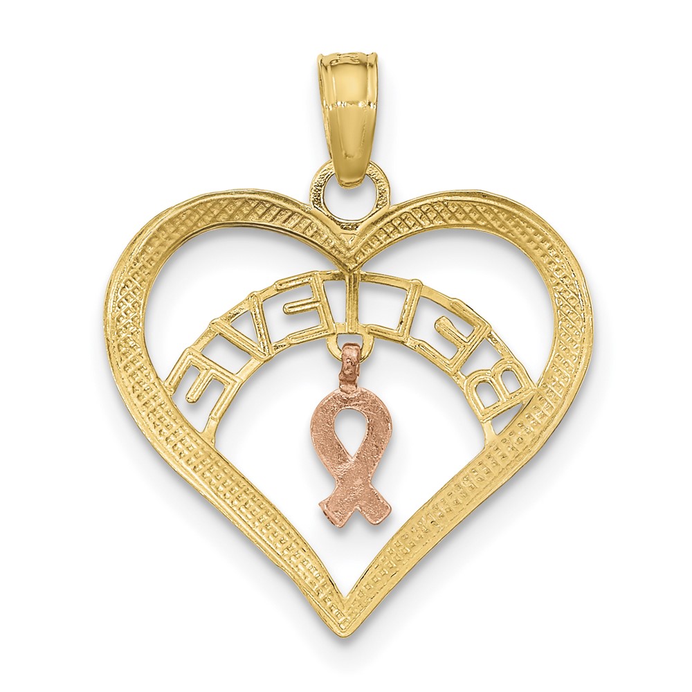 10k Two-tone with White Rhodium BELIEVE in Heart w/ Breast Cancer Ribbon (10K9551)