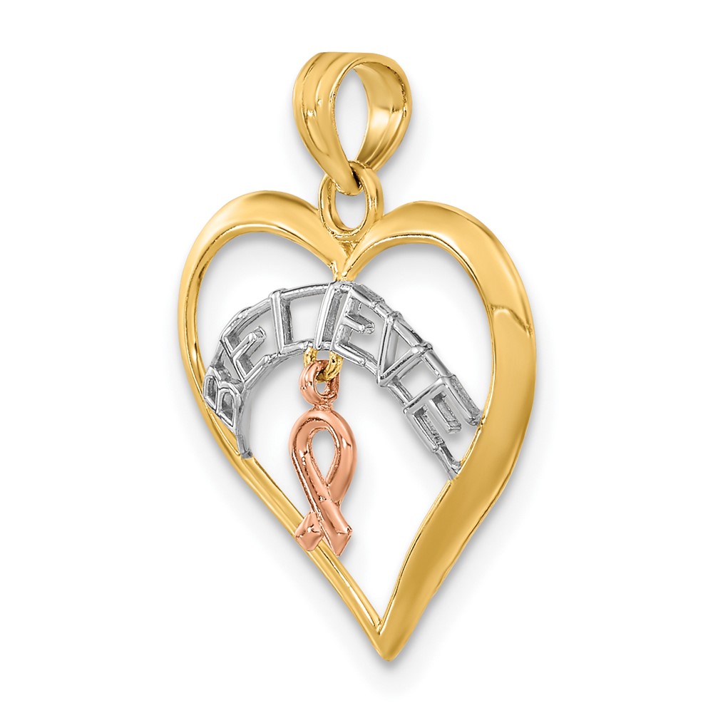 10k Two-tone with White Rhodium BELIEVE in Heart w/ Breast Cancer Ribbon (10K9551)