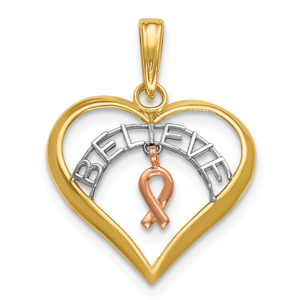 10k Two-tone with White Rhodium BELIEVE in Heart w/ Breast Cancer Ribbon (10K9551)