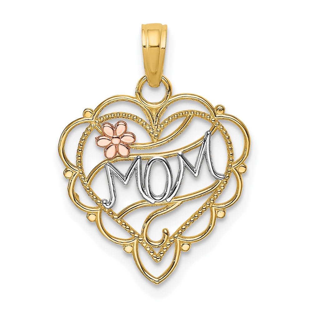 10K Two-Tone w/Rhodium MOM Heart W/ Flower Charm (10K9553)